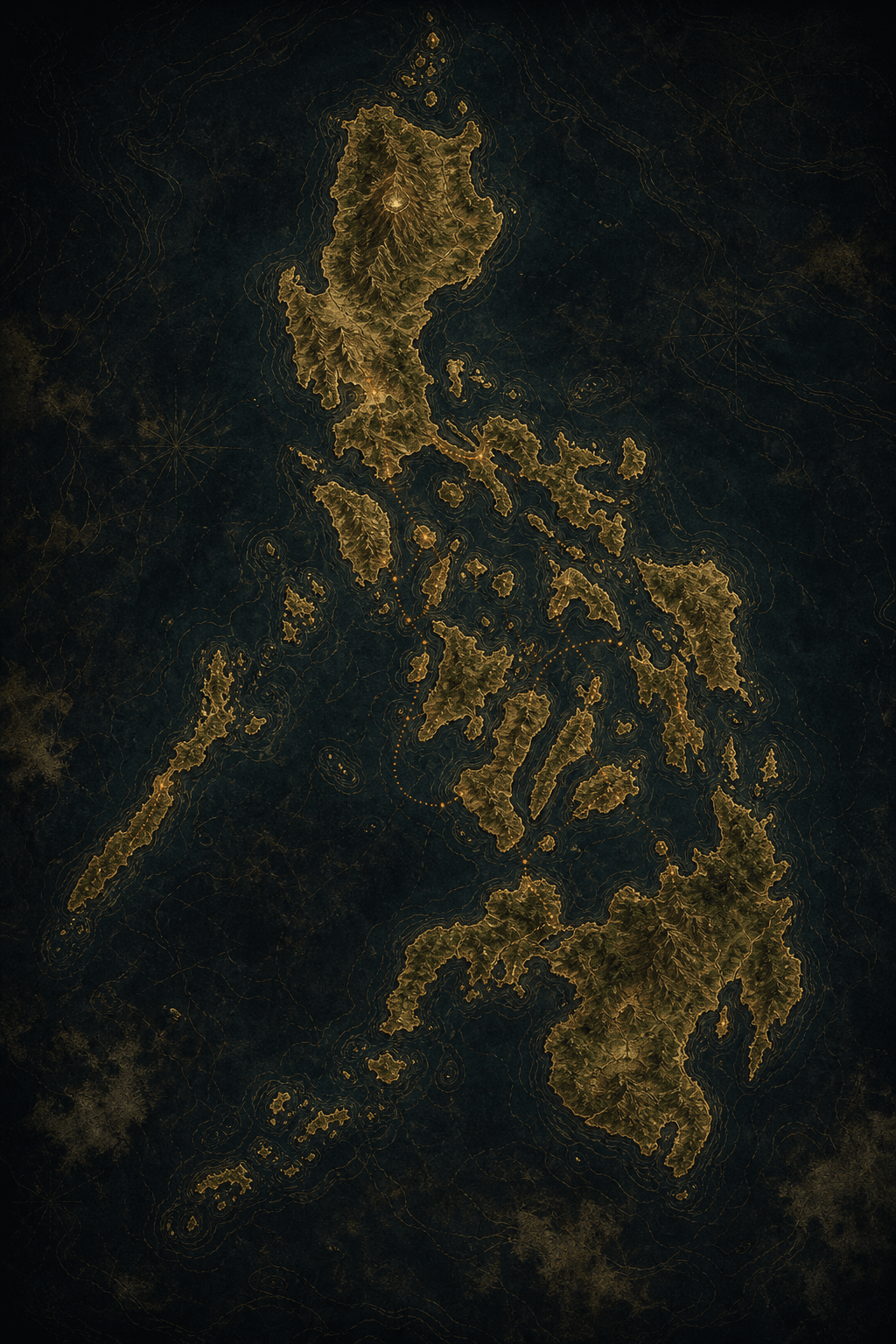 Generated concept map of a compressed Philippine archipelago with Luzon, Visayas, and Mindanao connected by exploratory routes
